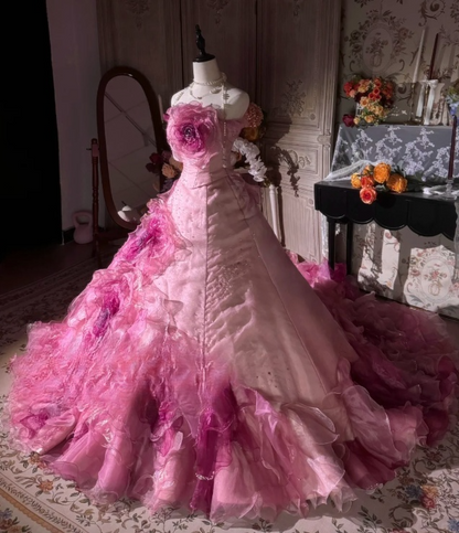 Vintage Pink 3D Flower Embellished Layered Ruffled Tulle Sweet 16 Quinceanera Ball Gown TP5295