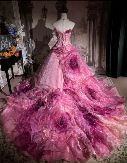 Vintage Pink 3D Flower Embellished Layered Ruffled Tulle Sweet 16 Quinceanera Ball Gown TP5295