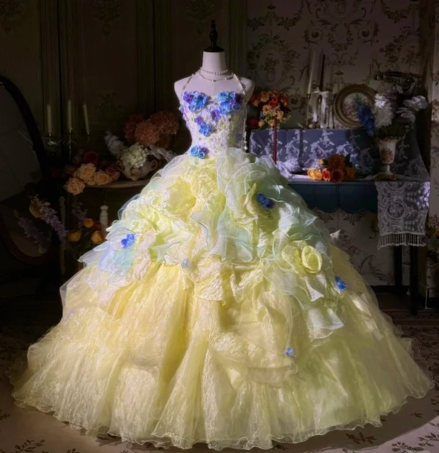 Vintage Pastel Yellow Floral Embellished Layered Ruffled Tulle 3D Blue Flower Sweet 16 Quinceanera Ball Gown TP5296