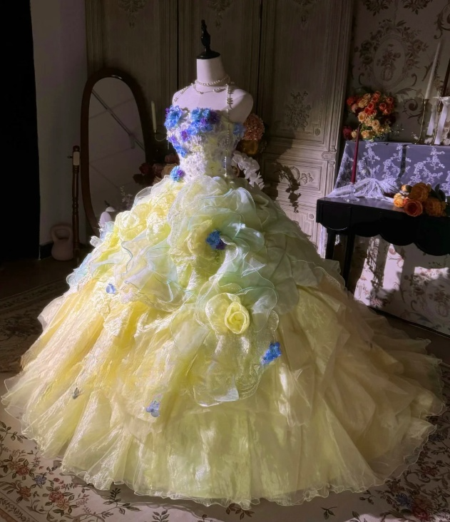 Vintage Pastel Yellow Floral Embellished Layered Ruffled Tulle 3D Blue Flower Sweet 16 Quinceanera Ball Gown TP5296
