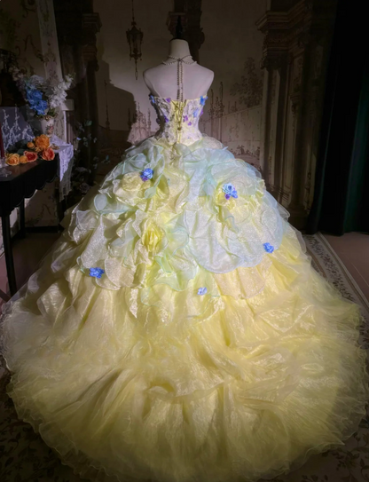 Vintage Pastel Yellow Floral Embellished Layered Ruffled Tulle 3D Blue Flower Sweet 16 Quinceanera Ball Gown TP5296