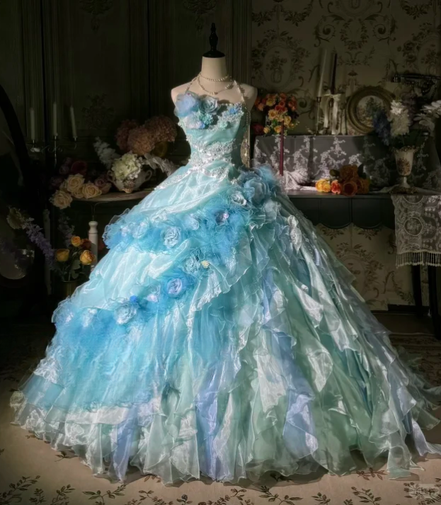 Vintage Light Blue 3D Flowers Embellished Layered Ruffled Tulle 3D Sweet 16 Quinceanera Ball Gown TP5297