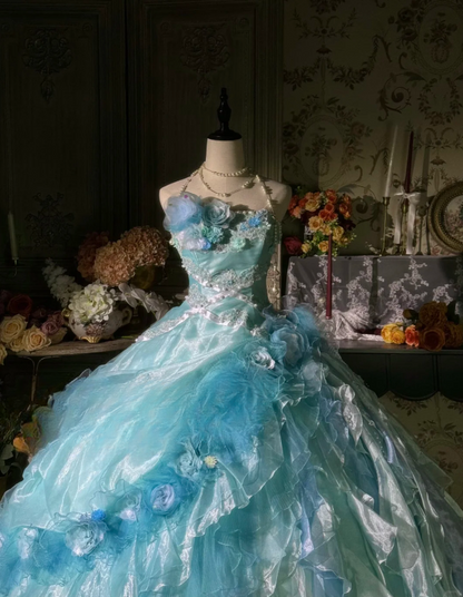 Vintage Light Blue 3D Flowers Embellished Layered Ruffled Tulle 3D Sweet 16 Quinceanera Ball Gown TP5297