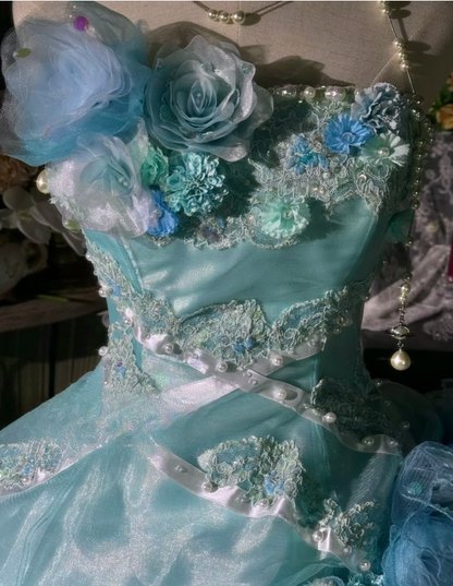 Vintage Light Blue 3D Flowers Embellished Layered Ruffled Tulle 3D Sweet 16 Quinceanera Ball Gown TP5297