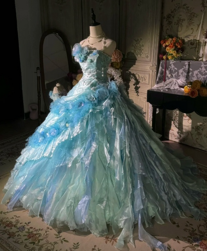 Vintage Light Blue 3D Flowers Embellished Layered Ruffled Tulle 3D Sweet 16 Quinceanera Ball Gown TP5297