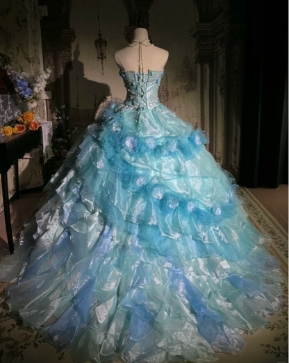 Vintage Light Blue 3D Flowers Embellished Layered Ruffled Tulle 3D Sweet 16 Quinceanera Ball Gown TP5297