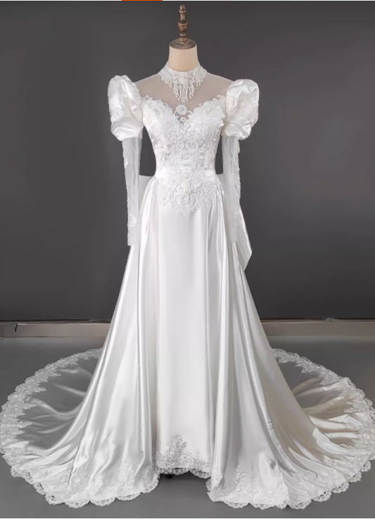 Glamorous White Satin  Puff Sleeve A-Line Lace Applique Cathedral Train Wedding Dress TP5298