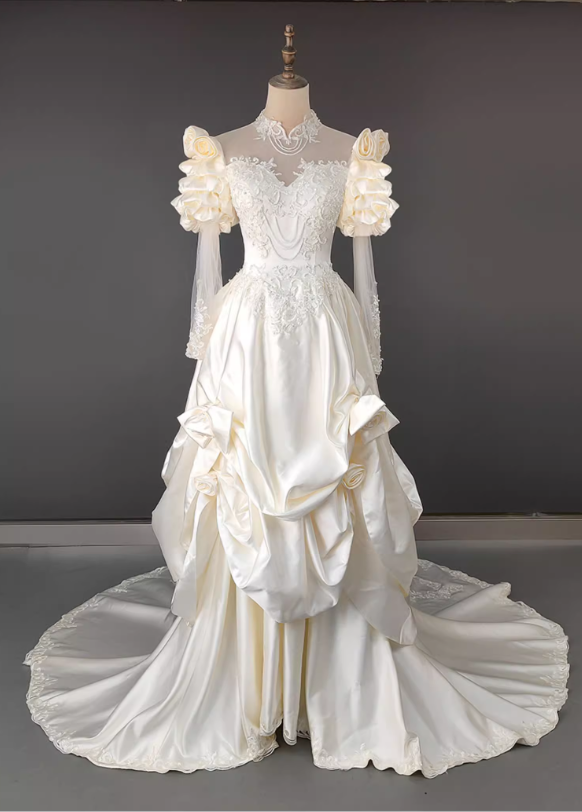 Glamorous Ivory Satin Sweetheart Puff Sleeve A-Line Applique Cathedral Train Wedding Dress TP5299
