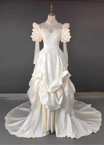 Glamorous Ivory Satin Sweetheart Puff Sleeve A-Line Applique Cathedral Train Wedding Dress TP5299