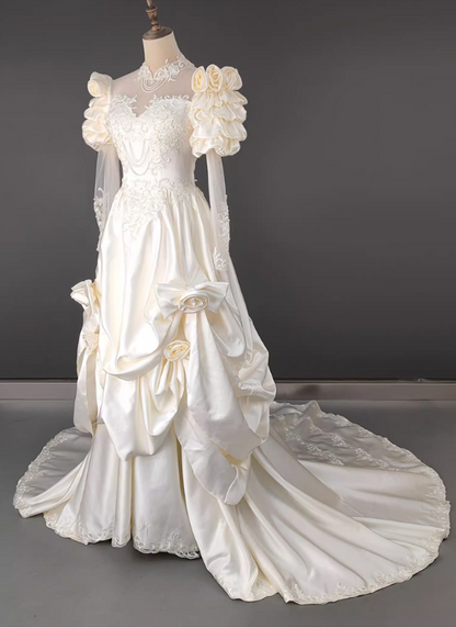 Glamorous Ivory Satin Sweetheart Puff Sleeve A-Line Applique Cathedral Train Wedding Dress TP5299