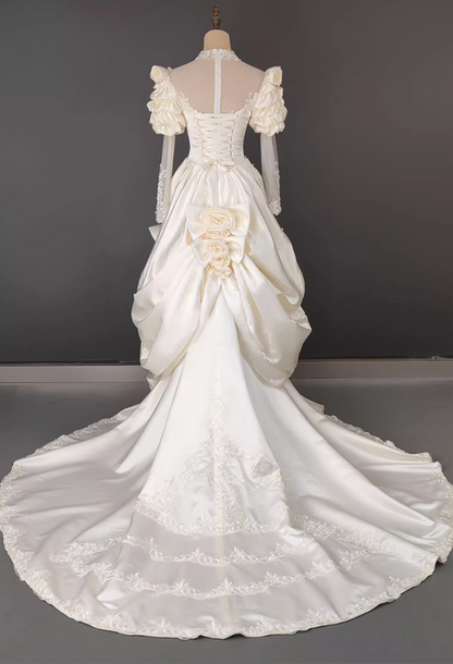 Glamorous Ivory Satin Sweetheart Puff Sleeve A-Line Applique Cathedral Train Wedding Dress TP5299