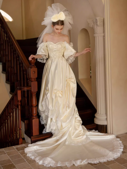 Glamorous Ivory Satin Off-Shoulder Sweetheart Puff Sleeve A-Line Applique Cathedral Train Wedding Dress TP5300