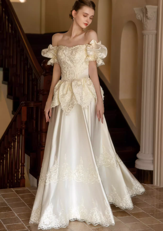 Glamorous Ivory Satin Off-Shoulder Lace Applique Wedding Dress TP5301