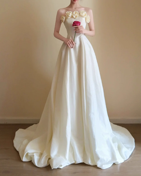 Glamorous Ivory Satin Strapless 3D Flowers A-Line Wedding Dress TP5302