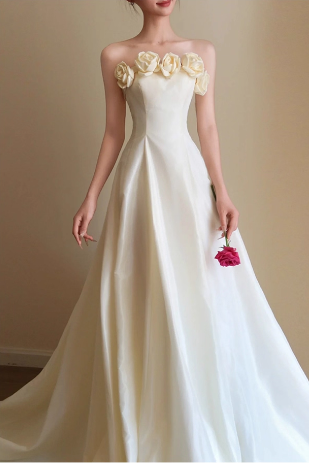Glamorous Ivory Satin Strapless 3D Flowers A-Line Wedding Dress TP5302