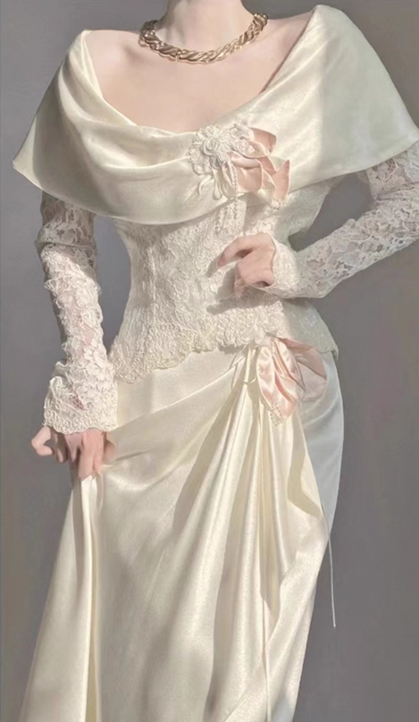 Glamorous Ivory Lace & Satin Off-Shoulder Capelet Ruffled Long Lace Sleeves Wedding Dress TP5303