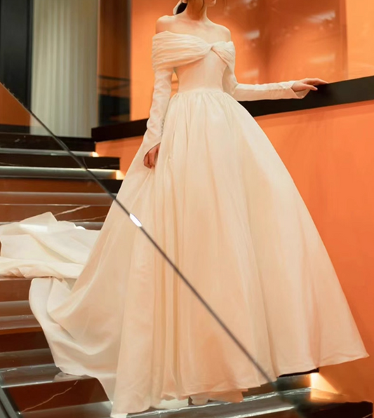Glamorous Ivory Satin Off-Shoulder Long Sleeves A-Line Wedding Dress TP5304