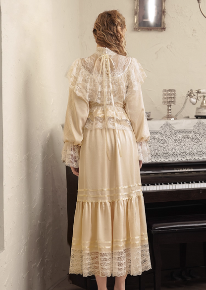 Glamorous Vintage Champagne Lace High Neck Puff Sleeve Tiered Maxi Ruffled Wedding Dress TP5307