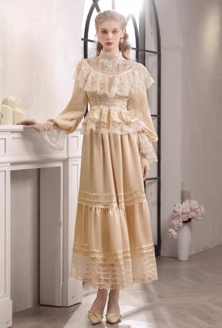 Glamorous Vintage Champagne Lace High Neck Puff Sleeve Tiered Maxi Ruffled Wedding Dress TP5307