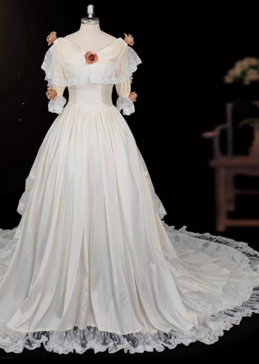Glamorous Ivory Off-Shoulder Lace Trimmed 3D Floral Cathedral Train Wedding Dress TP5308