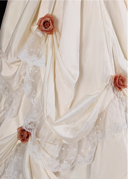 Glamorous Ivory Off-Shoulder Lace Trimmed 3D Floral Cathedral Train Wedding Dress TP5308