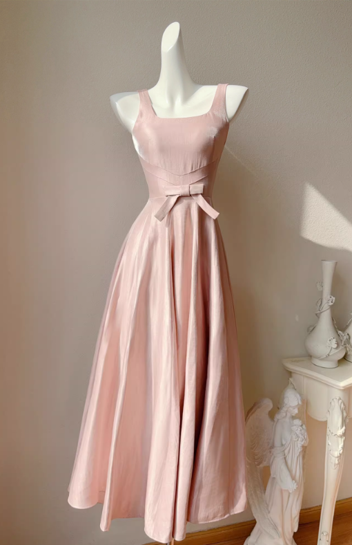Elegant Vintage-Inspired Pink Satin Bow Detail Straps Midi Evening Gown TP5314