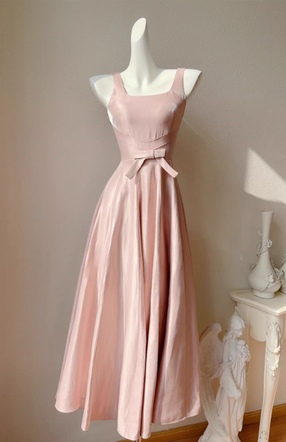 Elegant Vintage-Inspired Pink Satin Bow Detail Straps Midi Evening Gown TP5314
