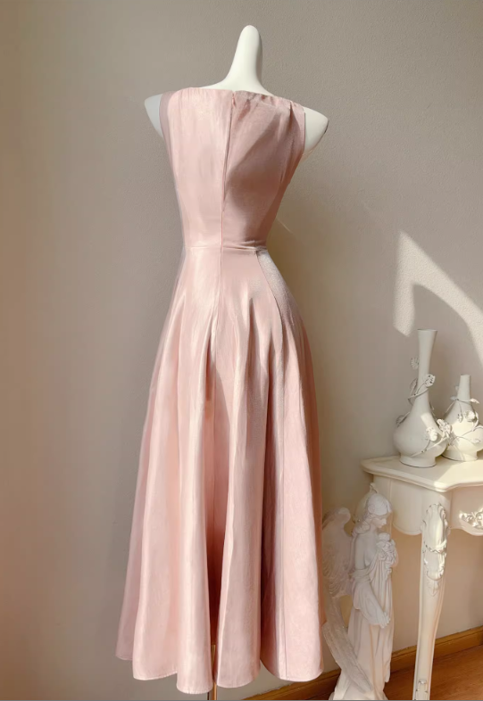 Elegant Vintage-Inspired Pink Satin Bow Detail Straps Midi Evening Gown TP5314