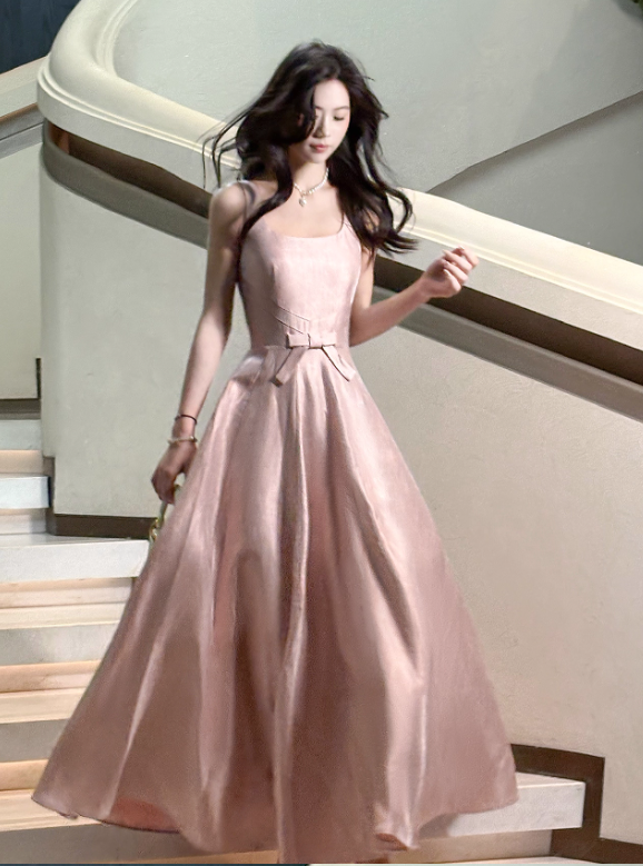 Elegant Vintage-Inspired Pink Satin Bow Detail Straps Midi Evening Gown TP5314