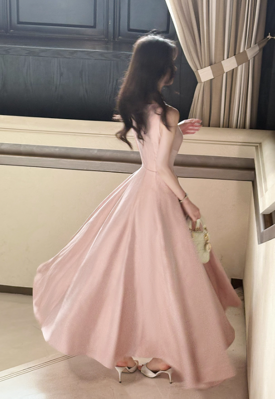 Elegant Vintage-Inspired Pink Satin Bow Detail Straps Midi Evening Gown TP5314