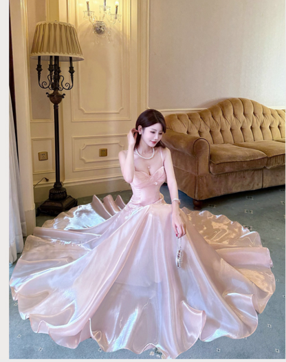 Elegant Pink Satin Spaghetti Strap Sweetheart Neckline A-Line Evening Gown TP5316