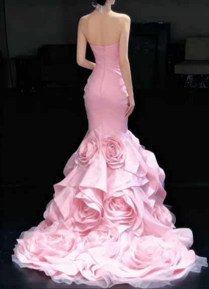 Glamorous Pink Strapless Sweetheart Mermaid 3D Rose Applique Evening Gown TP5444