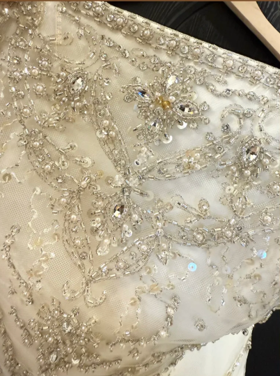 Vintage Strapless Beaded Embroidery Satin Sheath Long Train Wedding Dress TP5325