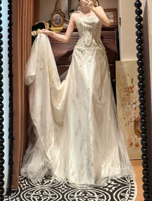 Vintage Strapless Beaded Embroidery Satin Sheath Long Train Wedding Dress TP5325