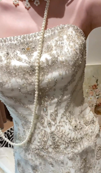 Vintage Strapless Beaded Embroidery Satin Sheath Long Train Wedding Dress TP5325