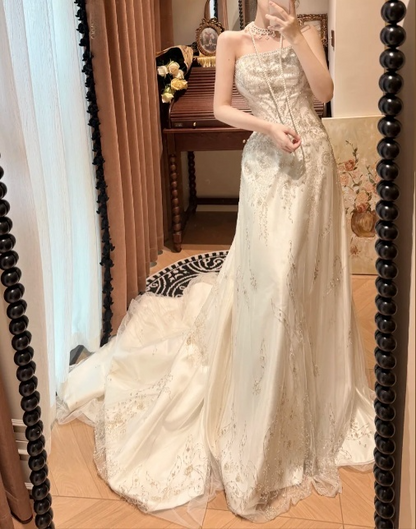 Vintage Strapless Beaded Embroidery Satin Sheath Long Train Wedding Dress TP5325