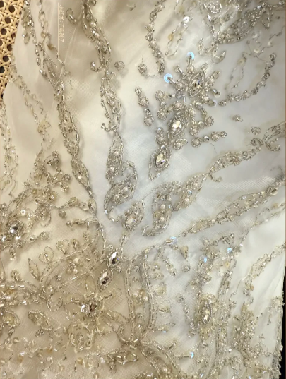 Vintage Strapless Beaded Embroidery Satin Sheath Long Train Wedding Dress TP5325