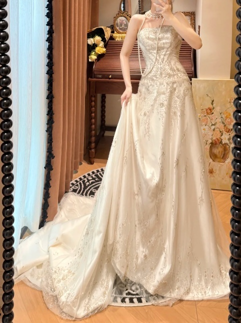 Vintage Strapless Beaded Embroidery Satin Sheath Long Train Wedding Dress TP5325