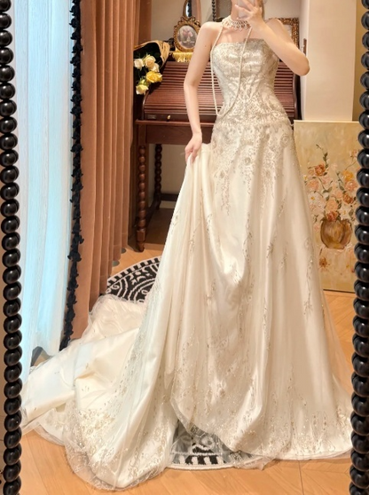 Vintage Strapless Beaded Embroidery Satin Sheath Long Train Wedding Dress TP5325