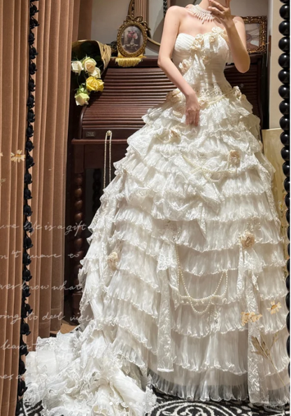 Vintage Strapless Ruffled Lace 3D Florals Pearl Accents Tiered Wedding Dress TP5327