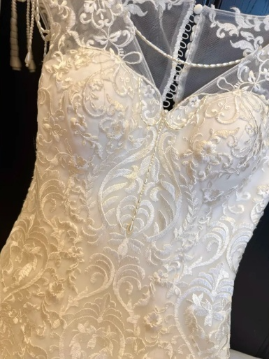 Vintage Lace-Embellished Mermaid Cap Sleeves Tulle Train Wedding Dress TP5328