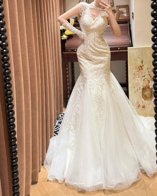 Vintage Lace-Embellished Mermaid Cap Sleeves Tulle Train Wedding Dress TP5328