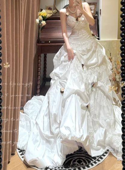 Vintage-Inspired 3D Florals Lace Ruffled Detachable Straps Wedding Dress TP5332