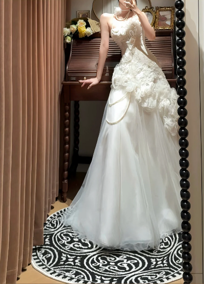 Glamorous Strapless 3D Floral Lace Mermaid Ruffled Embroidery Pearl Accents Wedding Dress TP5335