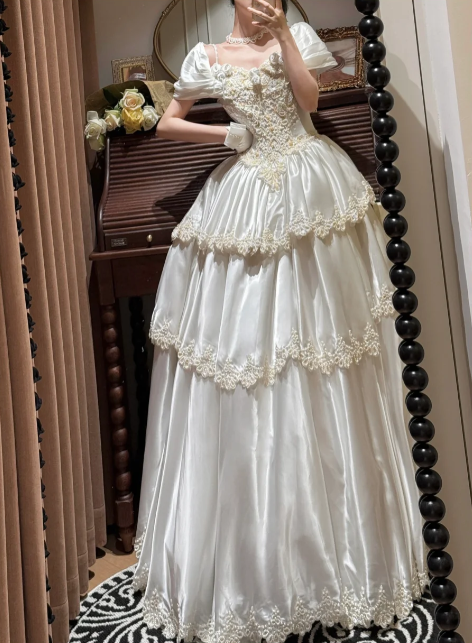 Vintage Ivory Satin Puff Sleeves Tiered Lace Trim Wedding Dress TP5451