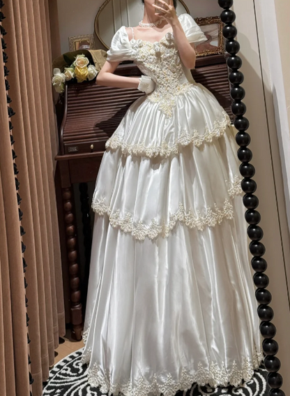 Vintage Ivory Satin Puff Sleeves Tiered Lace Trim Wedding Dress TP5451