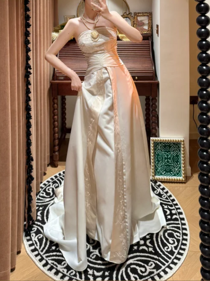 Vintage Ivory Strapless Satin Embroidery Wedding Dress TP5454