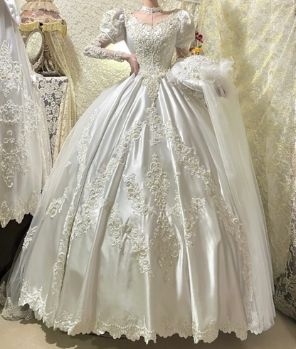 Gorgeous Satin Puff Sleeves Embroidery A-Line Wedding Dress TP5410