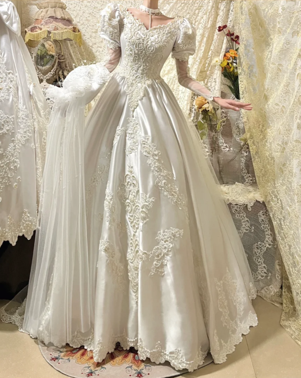 Gorgeous Satin Puff Sleeves Embroidery A-Line Wedding Dress TP5410