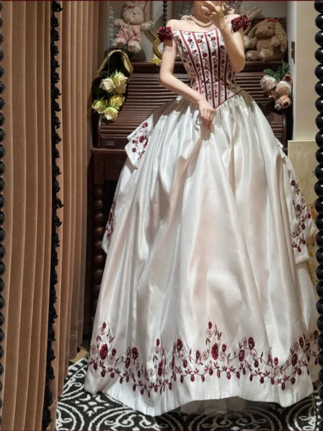 Elegant Burgundy Off-Shoulder Rose Embroidery A-Line Evening Gown TP5404